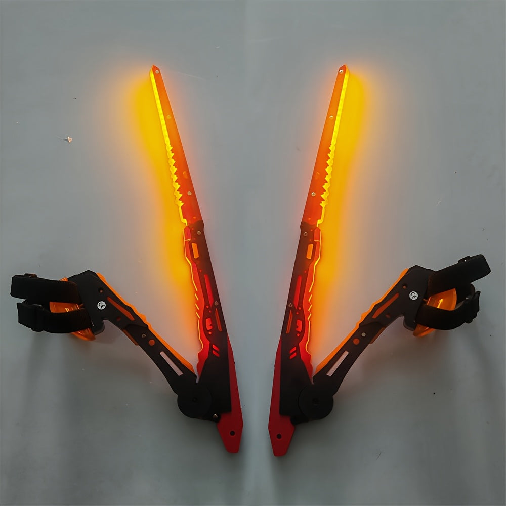 Pair of glowing orange and red butterfly knives on a gray background