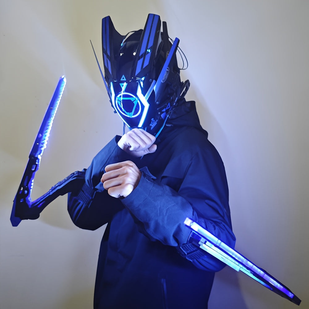Person wearing a futuristic helmet and holding glowing blue weapons against a plain background
