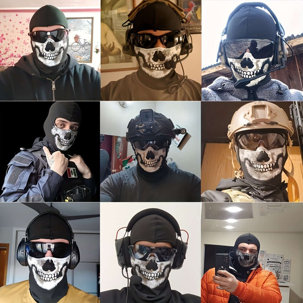 Ghostly Halloween Costume featuring multiple individuals wearing skull masks in various settings