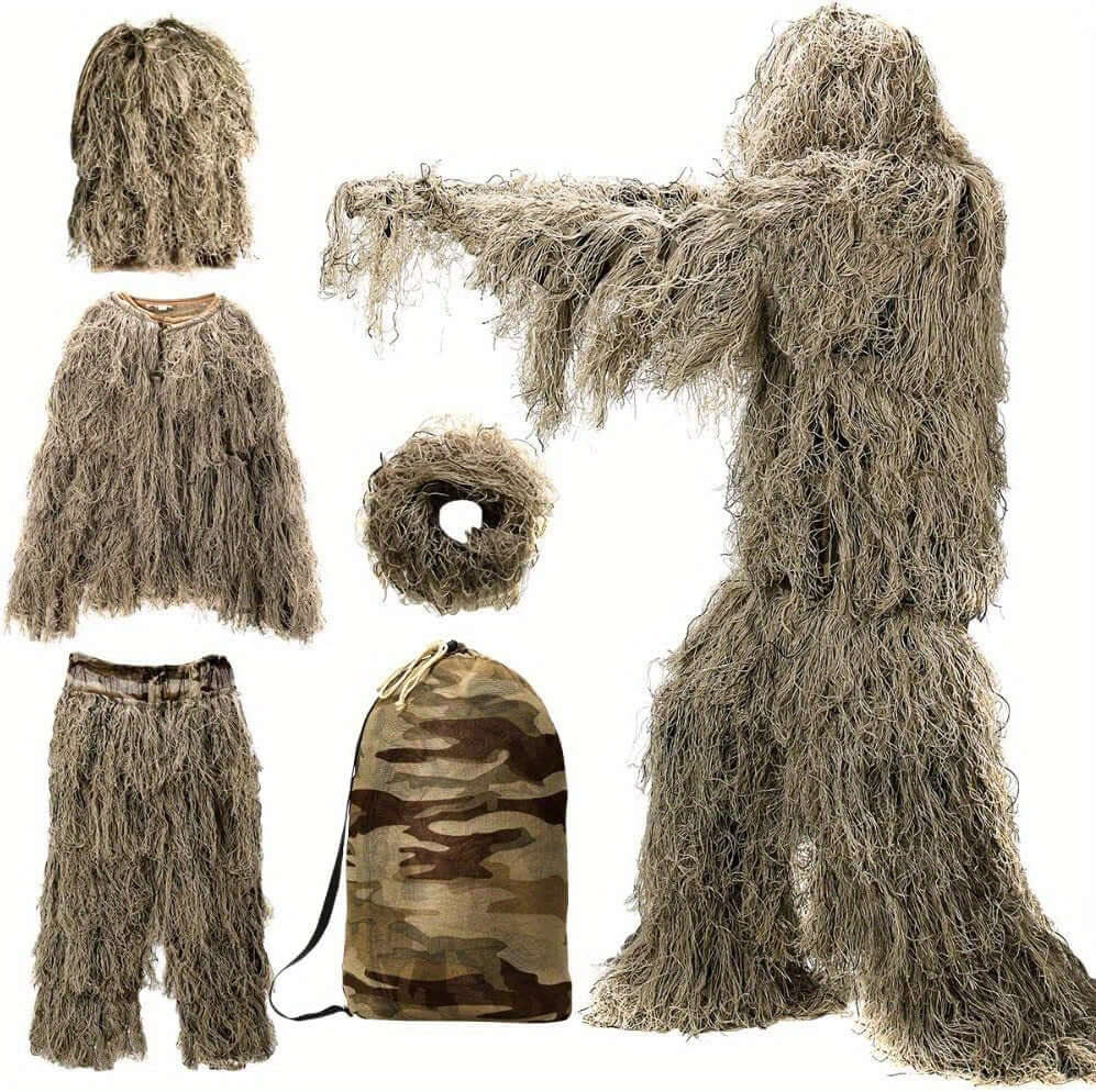Ghillie suit set with various components on a white background