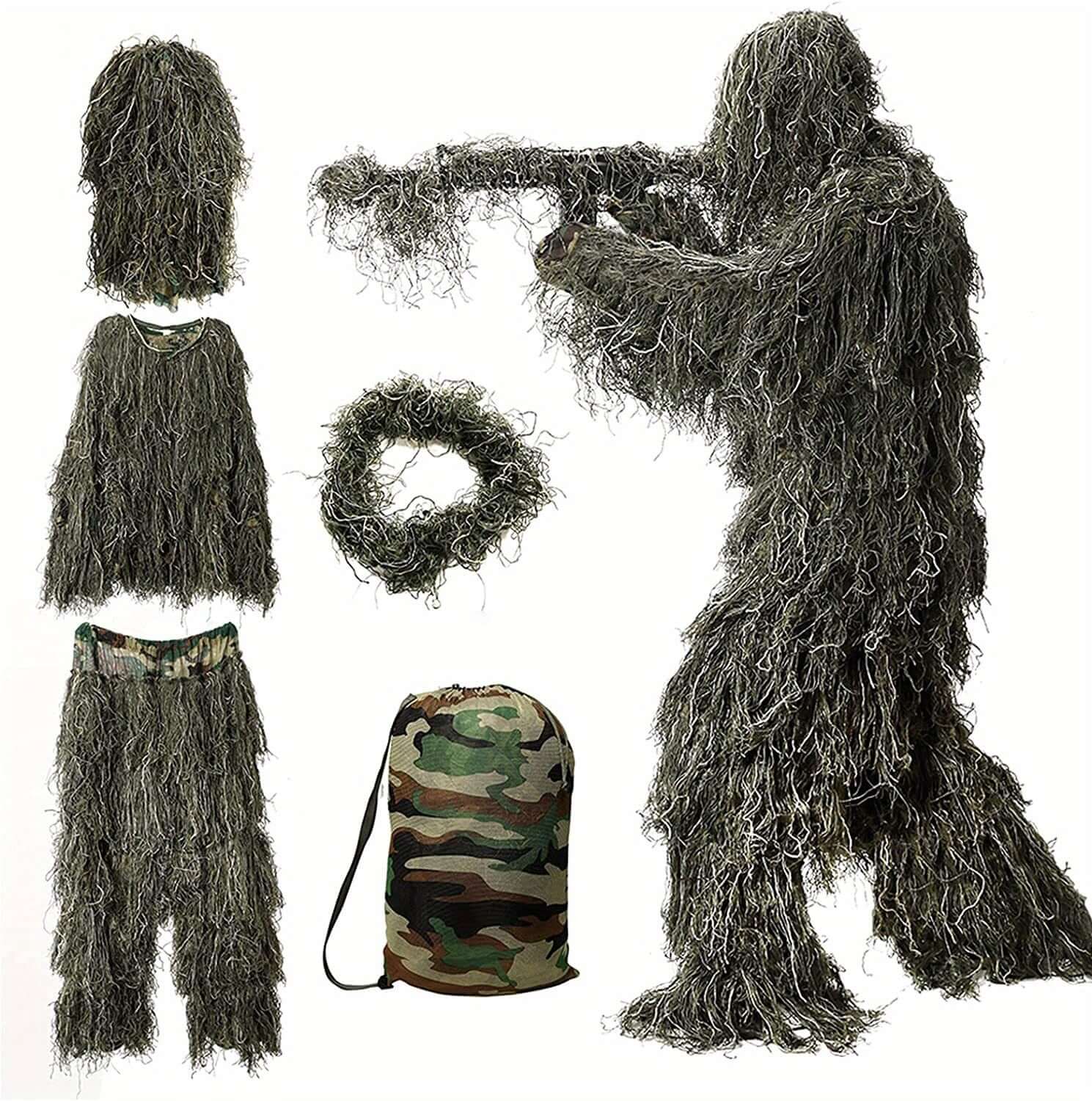 Set of ghillie suit components including a full-body suit, head cover, pants, and camouflage bag on a white background.