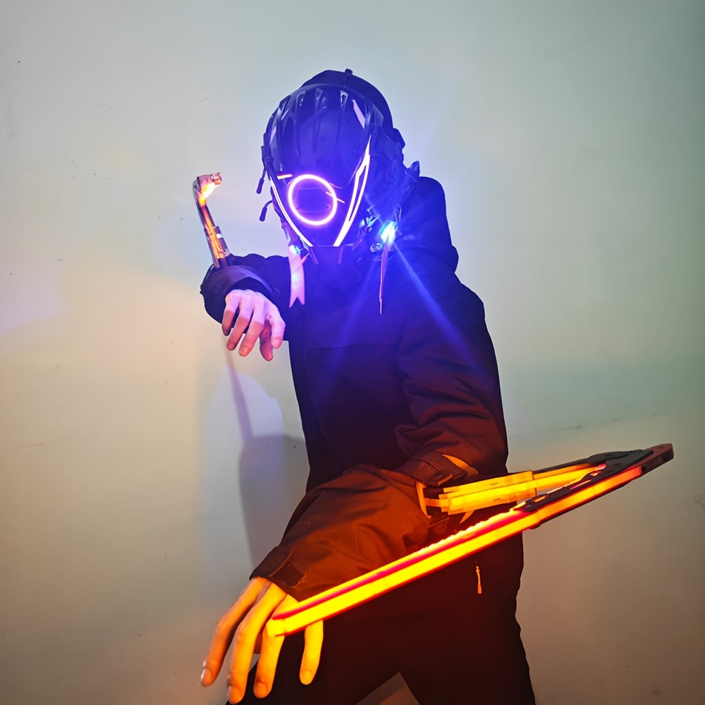 Person wearing a futuristic helmet and gloves with glowing elements against a plain background