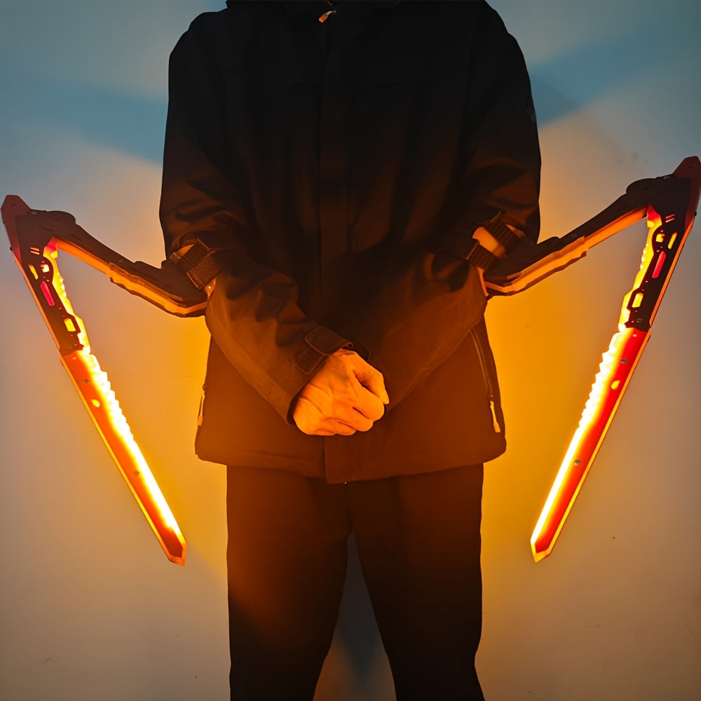 Person holding glowing, mechanical-looking swords against a gradient background