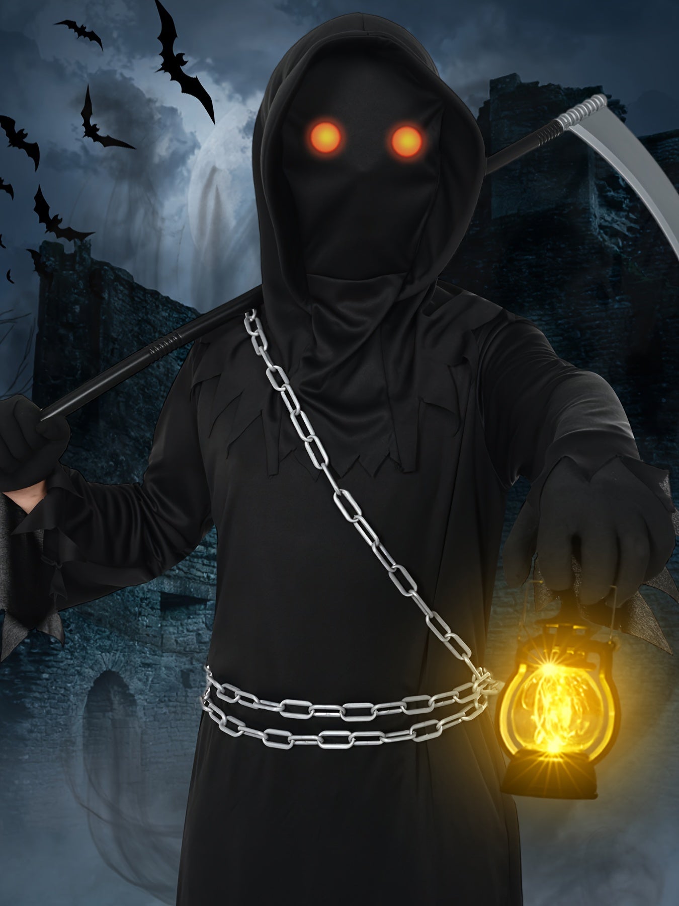 Grim Reaper character with glowing eyes and lantern against a dark, spooky background
