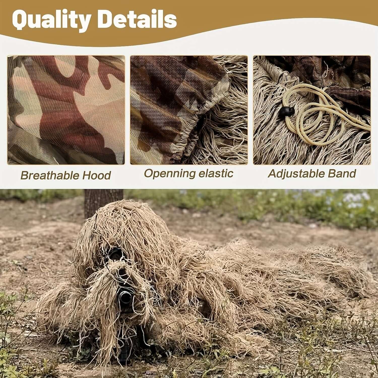 Ghillie suit with breathable hood, opening elastic, and adjustable band features.