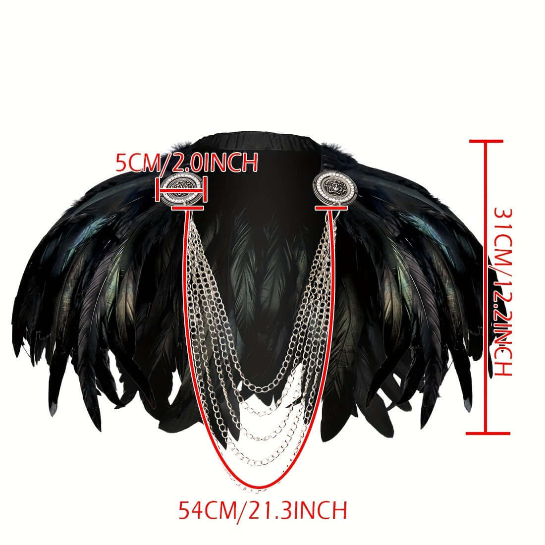 Feathered headpiece with measurements on a white background