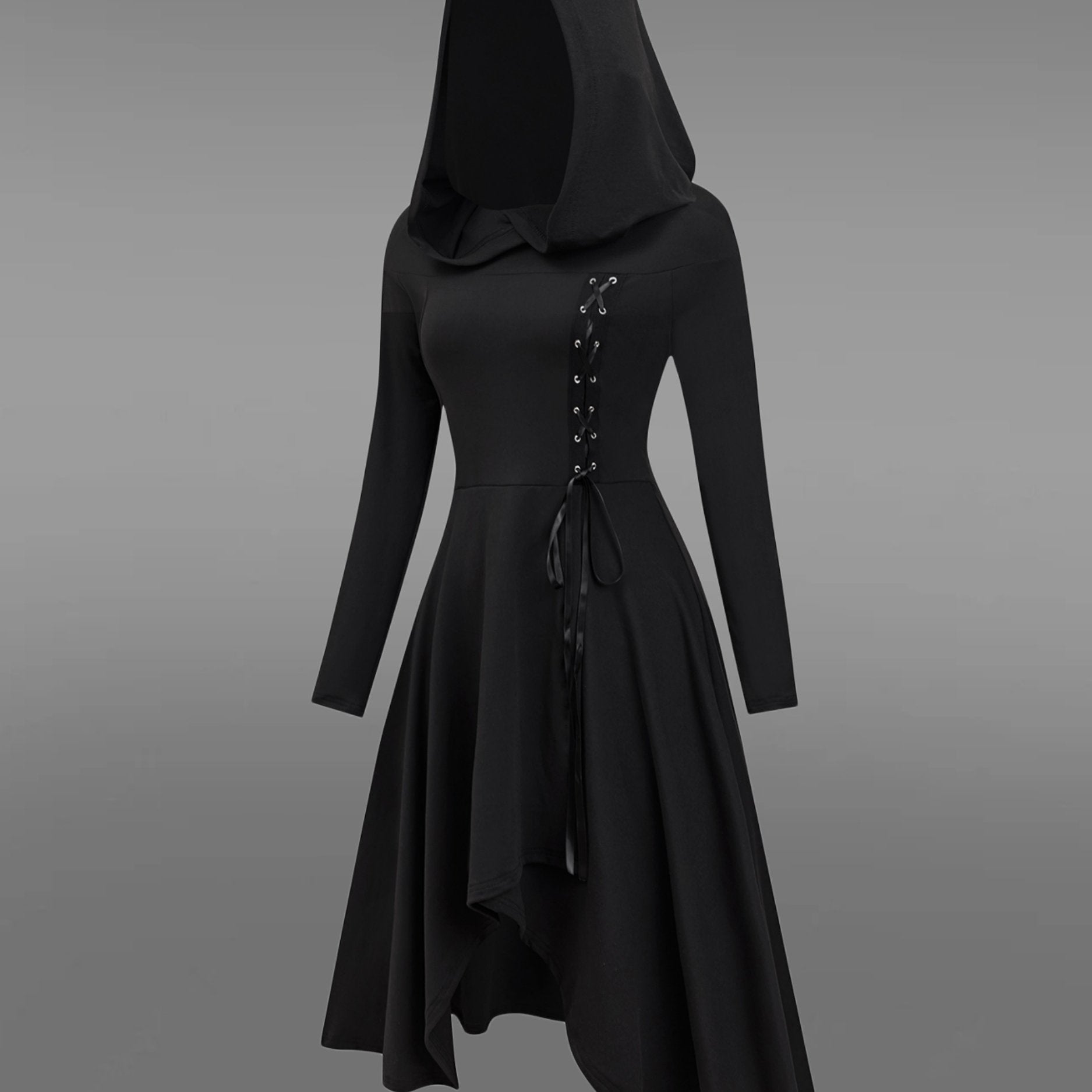 Black hooded dress with lace-up detail on a gray background