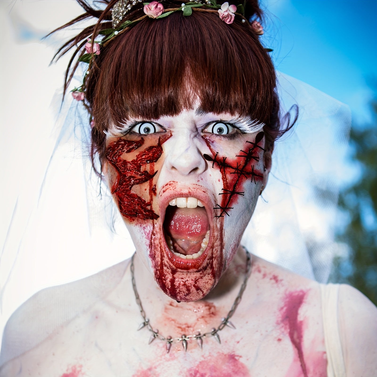 Person with zombie makeup and costume outdoors