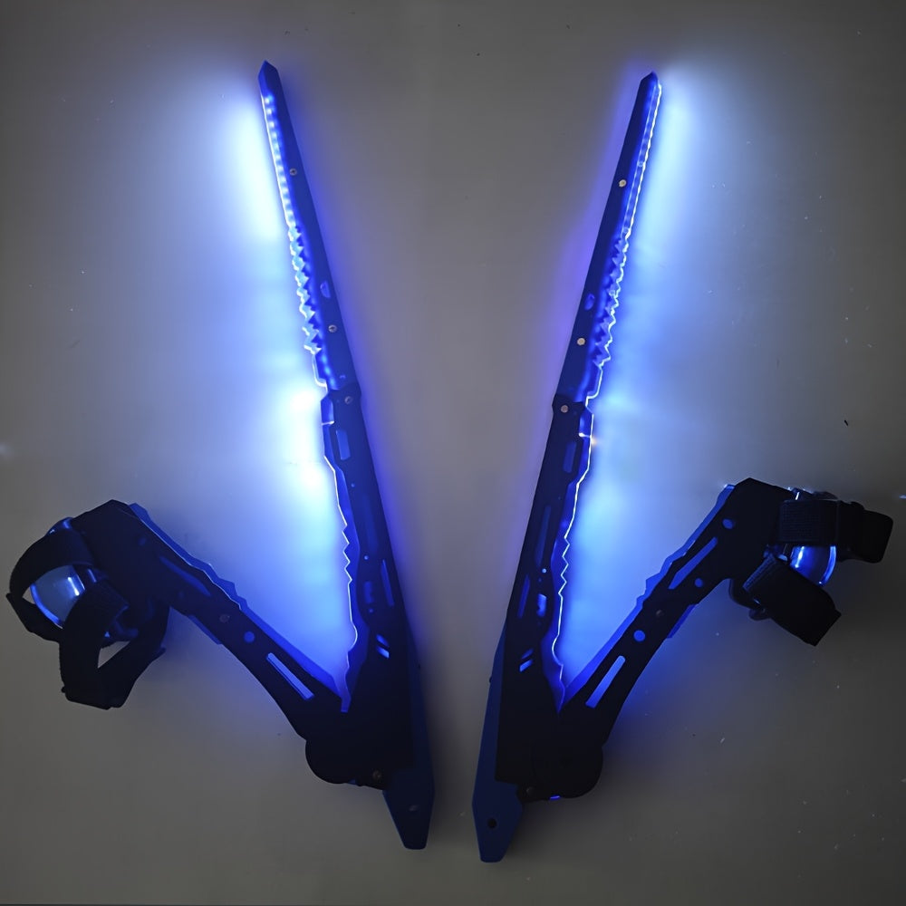 Blue LED ski boots on a white background