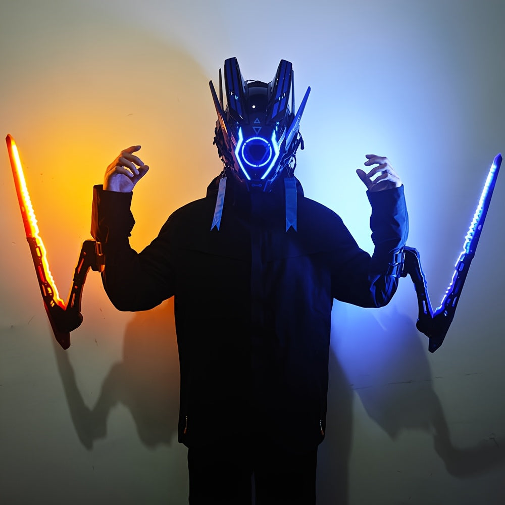 Person wearing a futuristic helmet with glowing elements against a gradient background