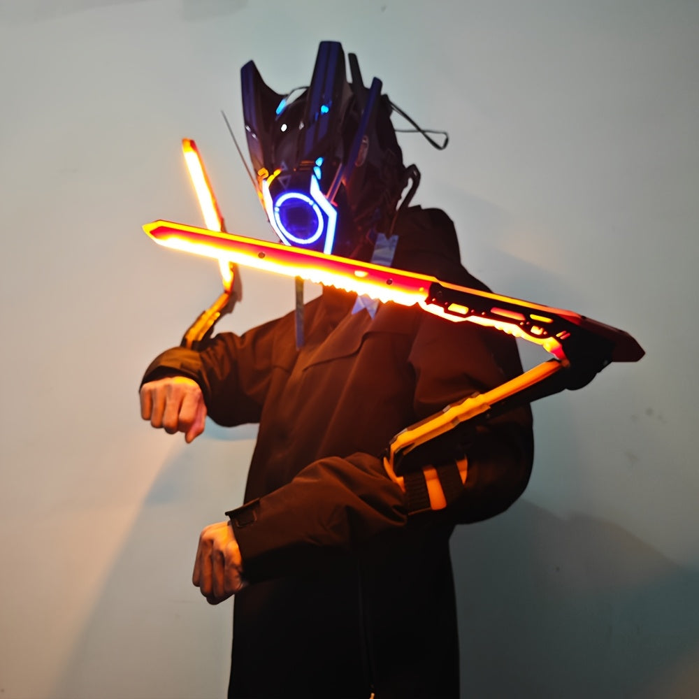 Person wearing a futuristic helmet with glowing elements against a plain background