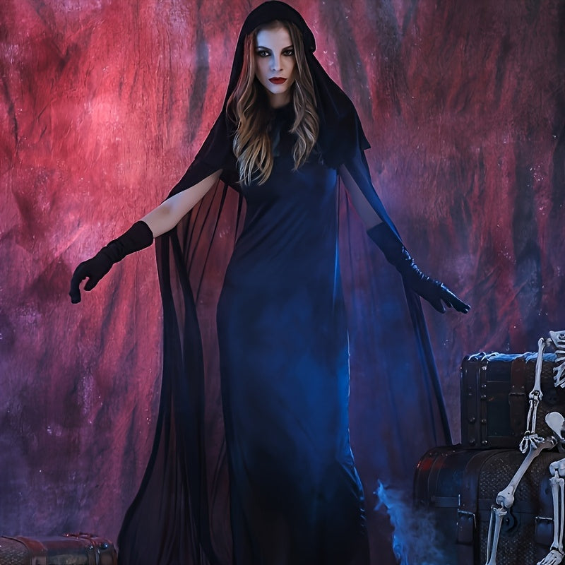 Woman in a dark cloak standing next to a skeleton and treasure chest against a red and purple background