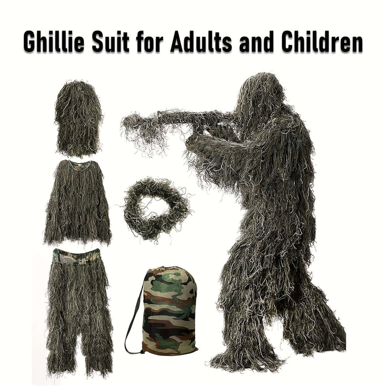 Ghillie suit for adults and children with a camouflage bag on a white background