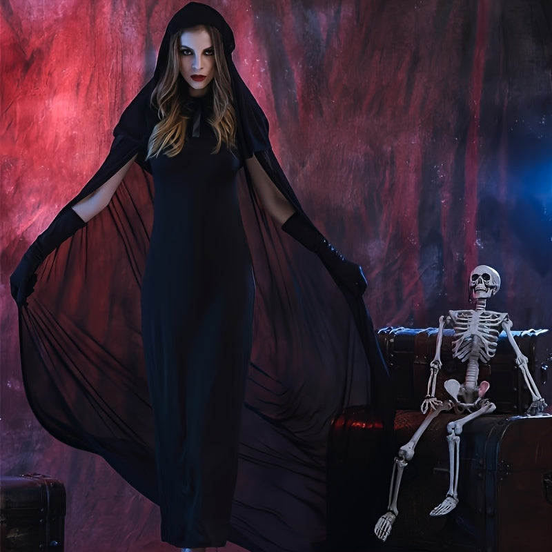 Person in a black hooded outfit with a skeleton on a chest against a red and blue background