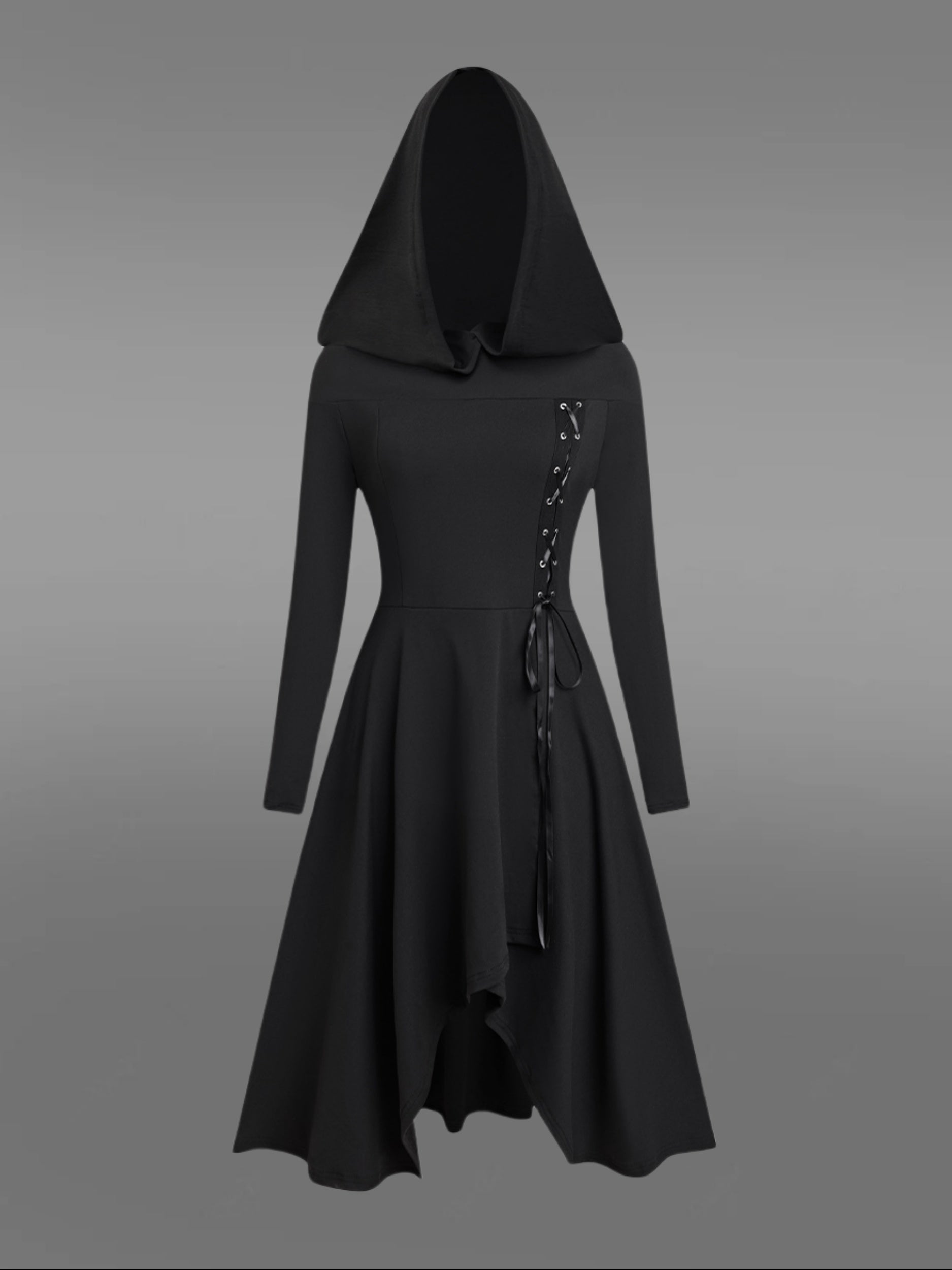 Black hooded dress with lace-up front on a gray background
