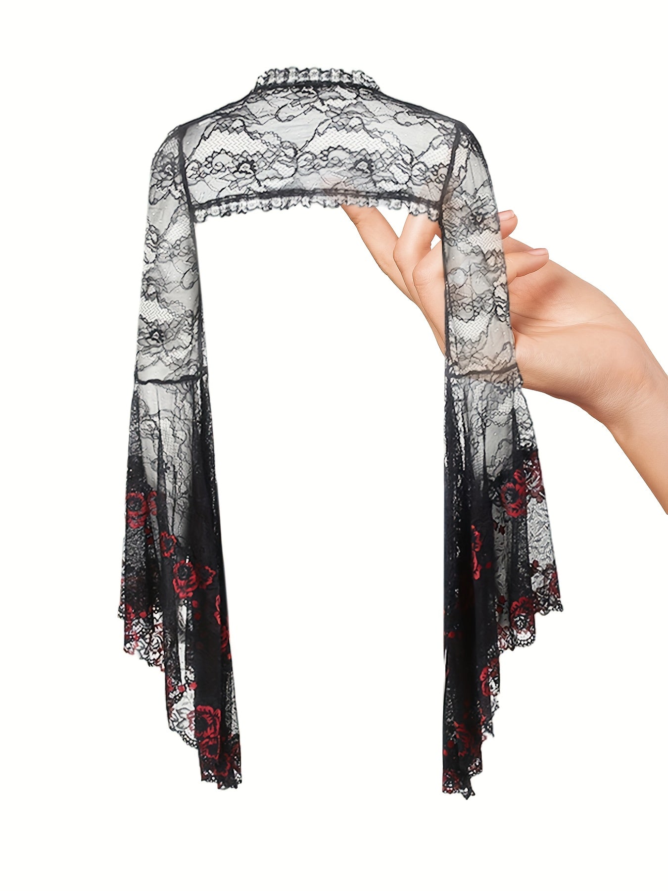 Gothic Lace Shawl Top for Women - High Neck Long Sleeve Semi-Sheer Blouse with Red Rose & Black Guipure Lace Trim