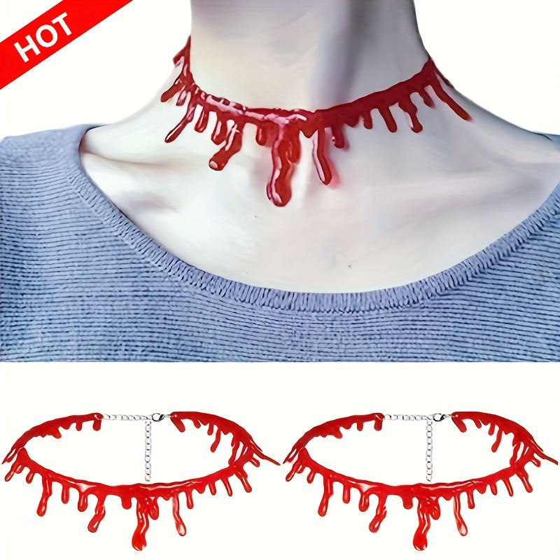 Red blood-like choker on a mannequin neck with 'HOT' label, accompanied by red blood-like eye masks.