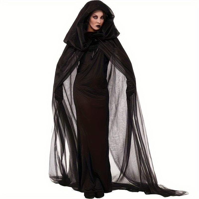 Black hooded cloak with sheer overlay on a white background