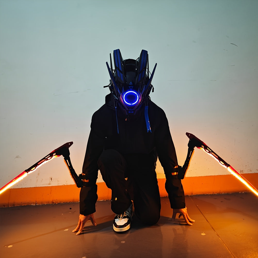 Person wearing a futuristic helmet with glowing elements in an indoor setting.