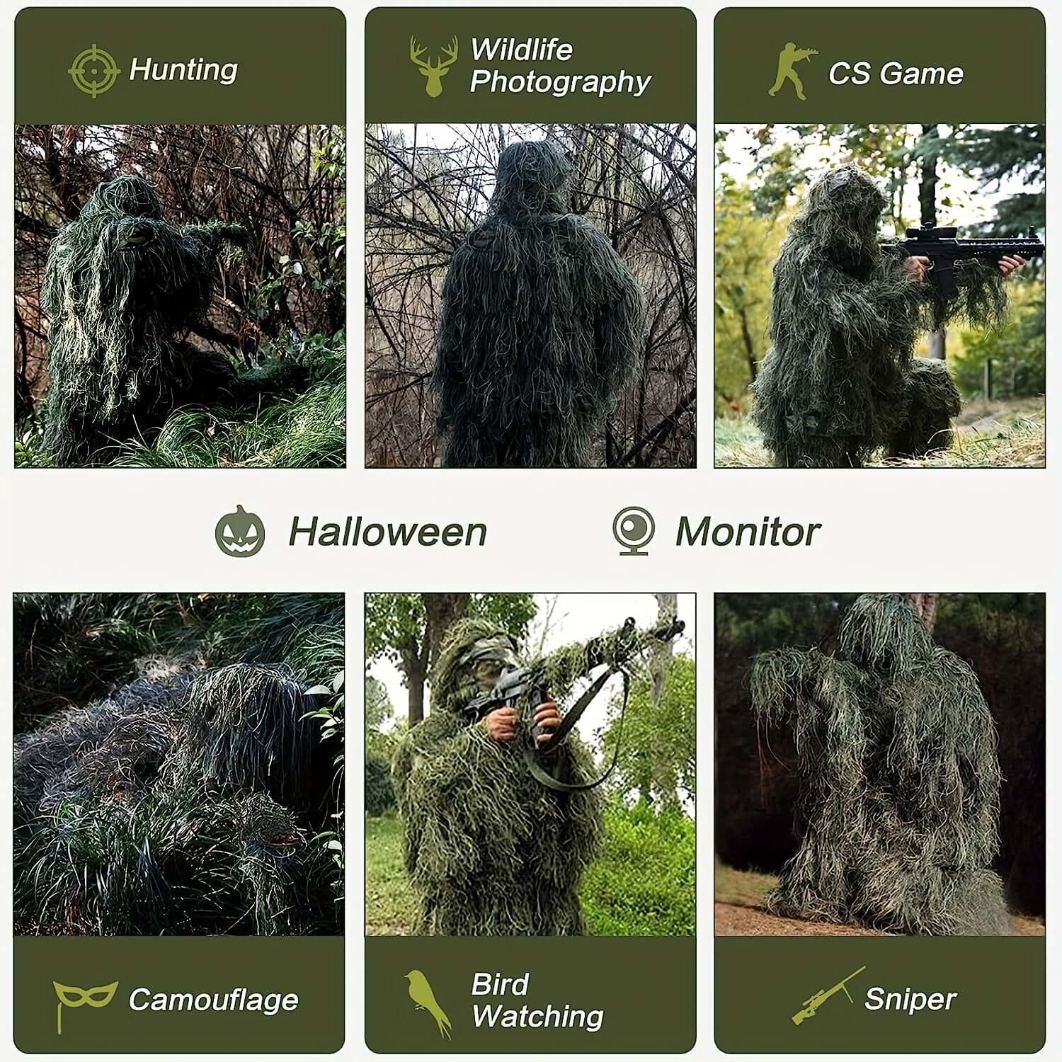Person wearing a ghillie suit in various scenarios including hunting, wildlife photography, CS game, Halloween, monitor, camouflage, bird watching, and sniper.