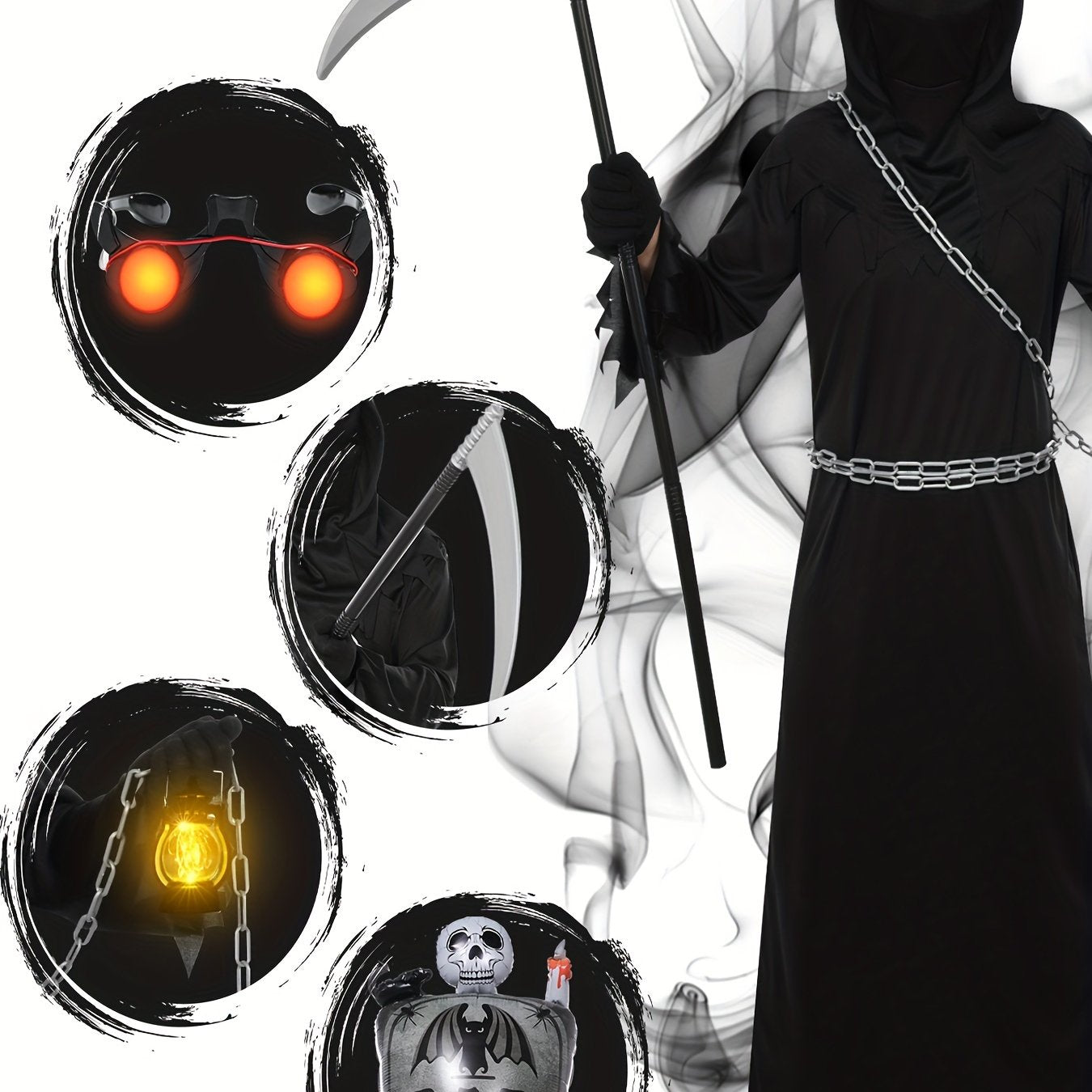 Person in a black hooded outfit with glowing eyes and chains, surrounded by circular designs.
