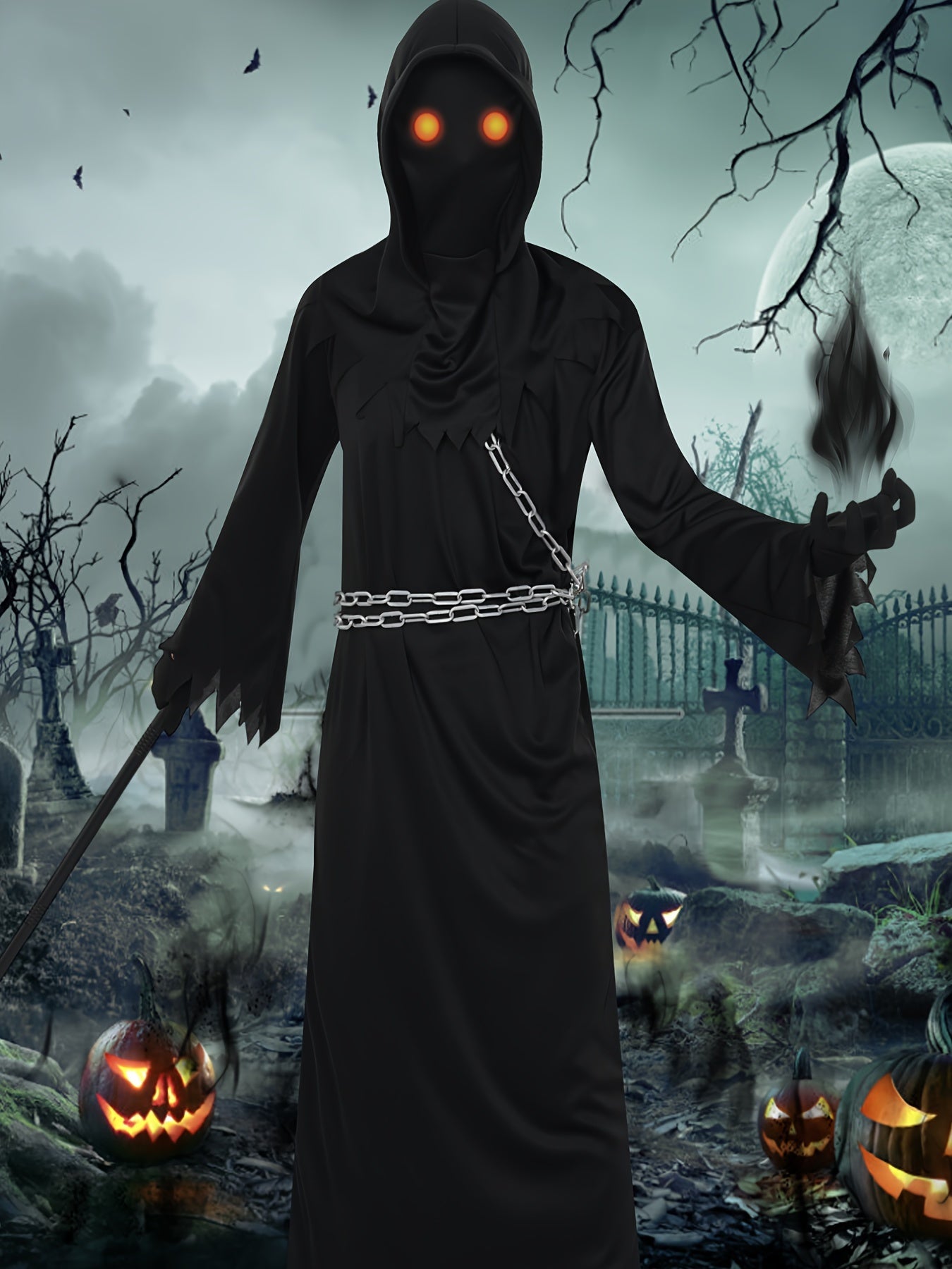 Grim Reaper figure in a dark hood with glowing eyes in a Halloween-themed graveyard setting.