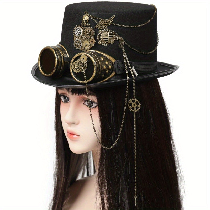 Heavy Metal Chain Teeth Skull Steampunk Hat Goggles Removable Halloween Dress for Men and Women Role Play, Steampunk Fashion