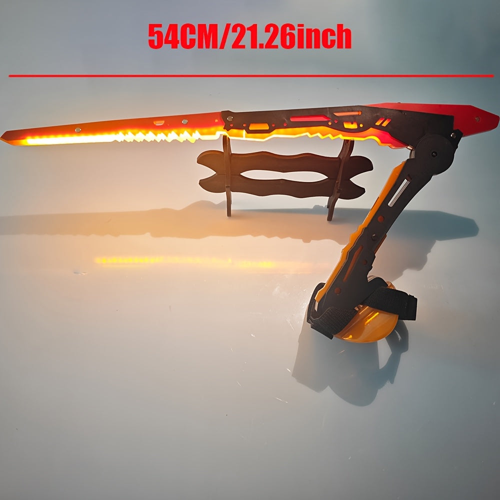 Light-up sword with a stand on a white background, featuring measurement text.