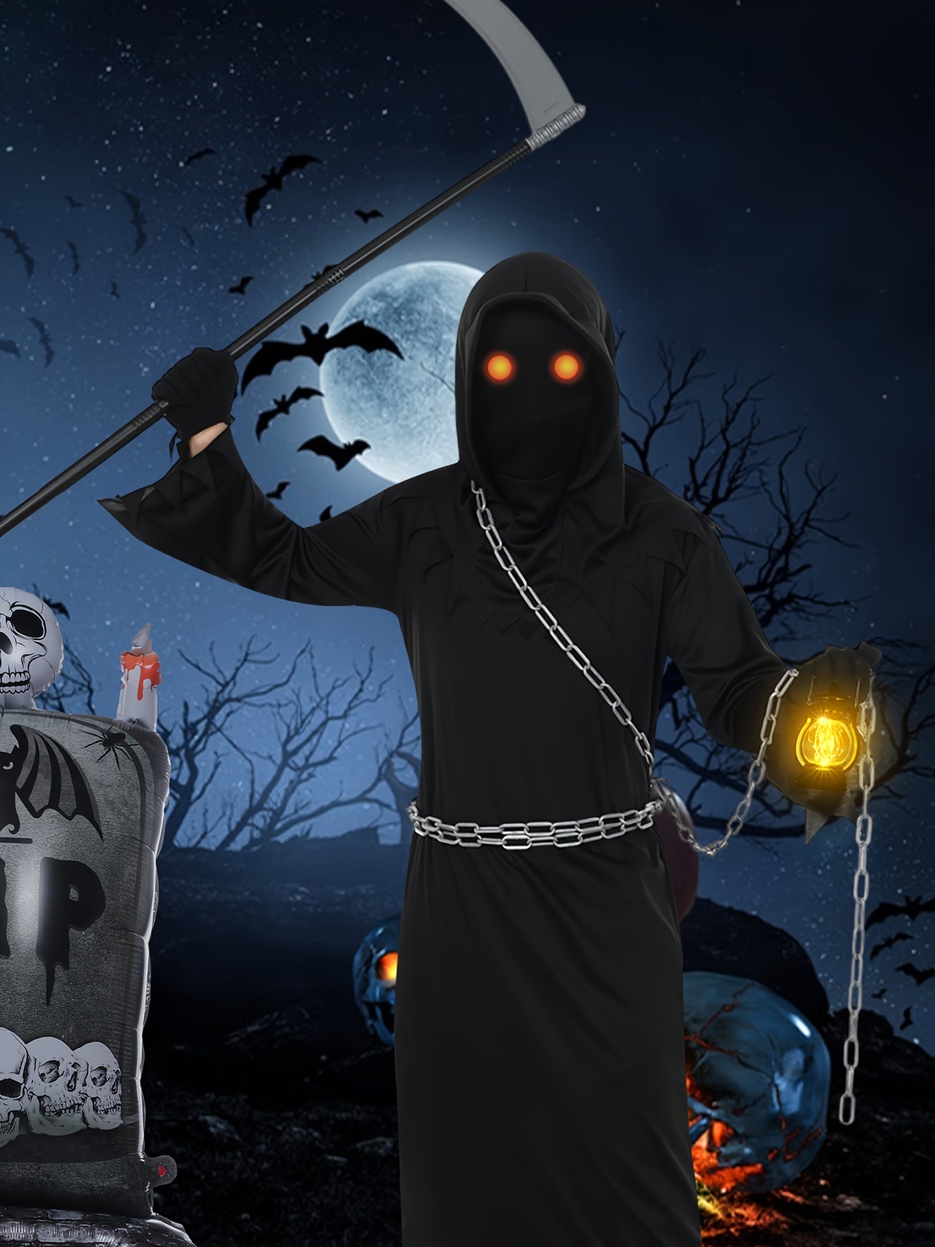 Death Reaper Jumpsuit Set, Phantom Halloween Costume, Horror Demon Ghost Costume, Stage Performance Black Jumpsuit, Black Headgear, Carnival.