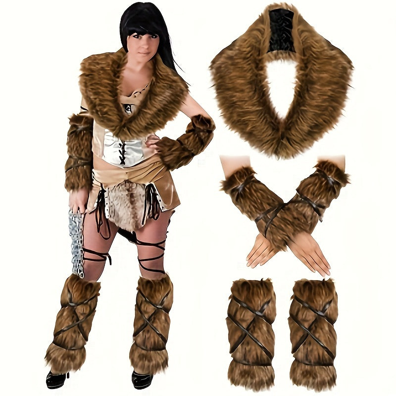 Costume set with fur collar, arm covers, leg wraps, and boots on a white background