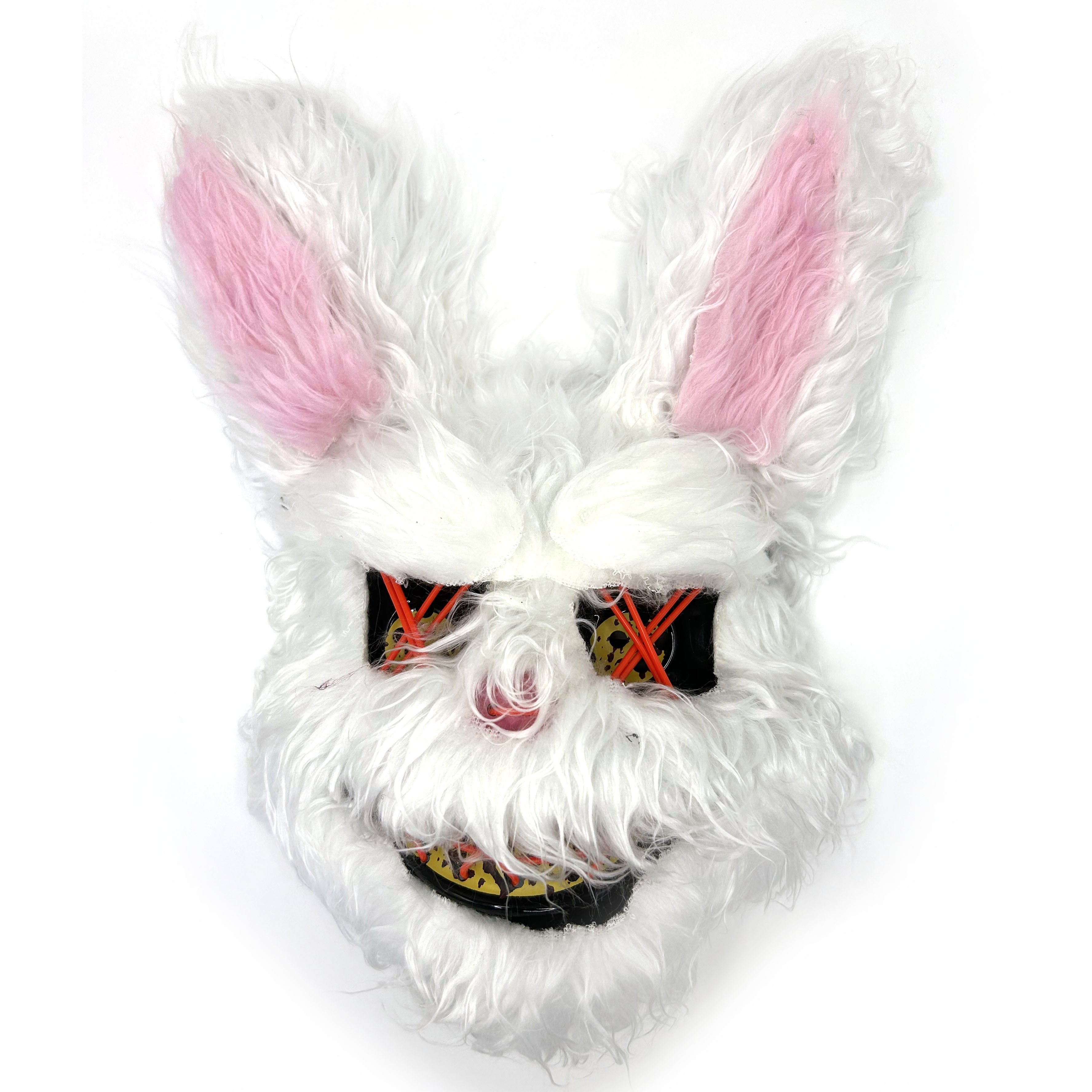 White furry mask with pink bunny ears on a white background