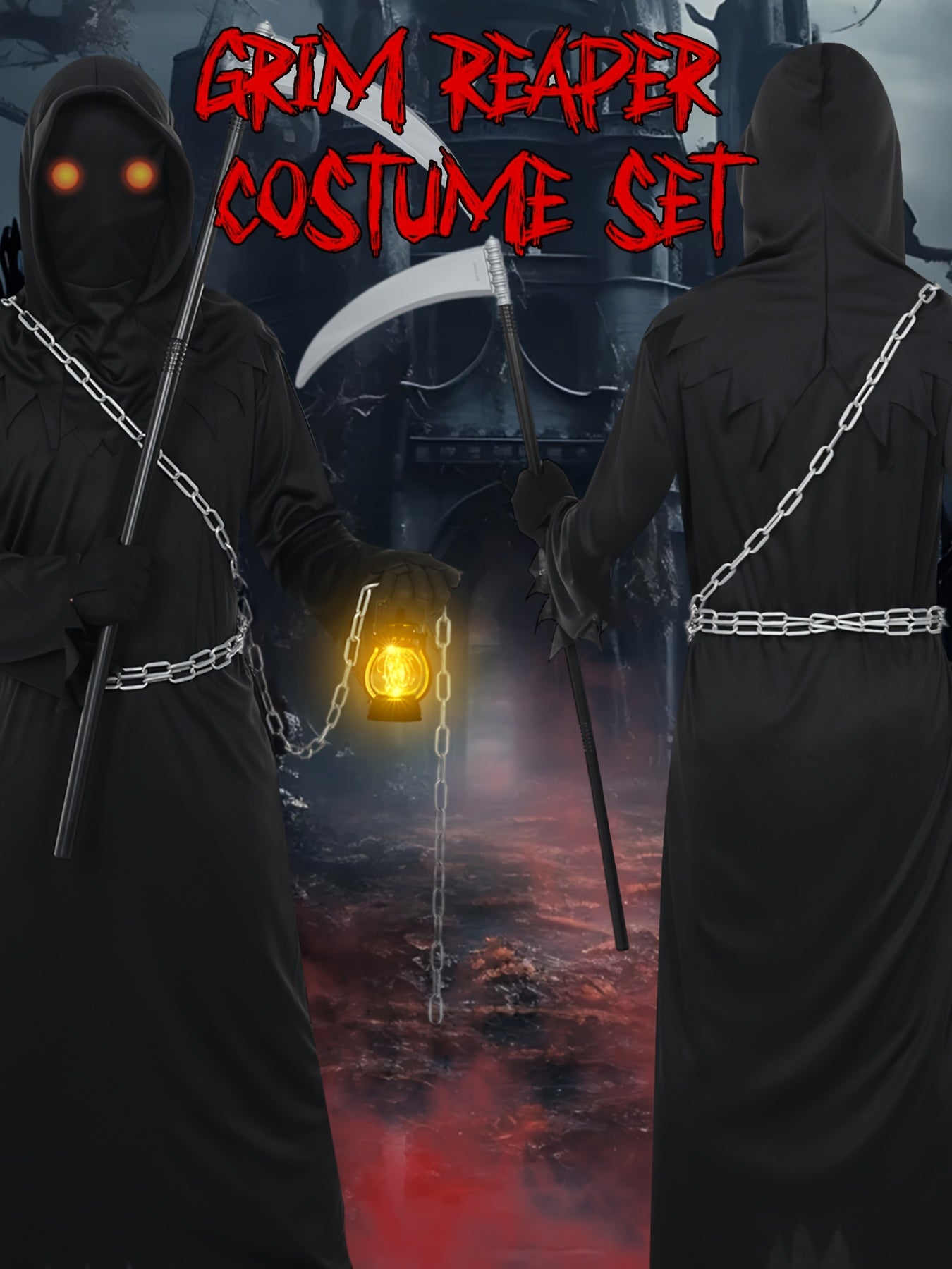 Death Reaper Jumpsuit Set, Phantom Halloween Costume, Horror Demon Ghost Costume, Stage Performance Black Jumpsuit, Black Headgear, Carnival.