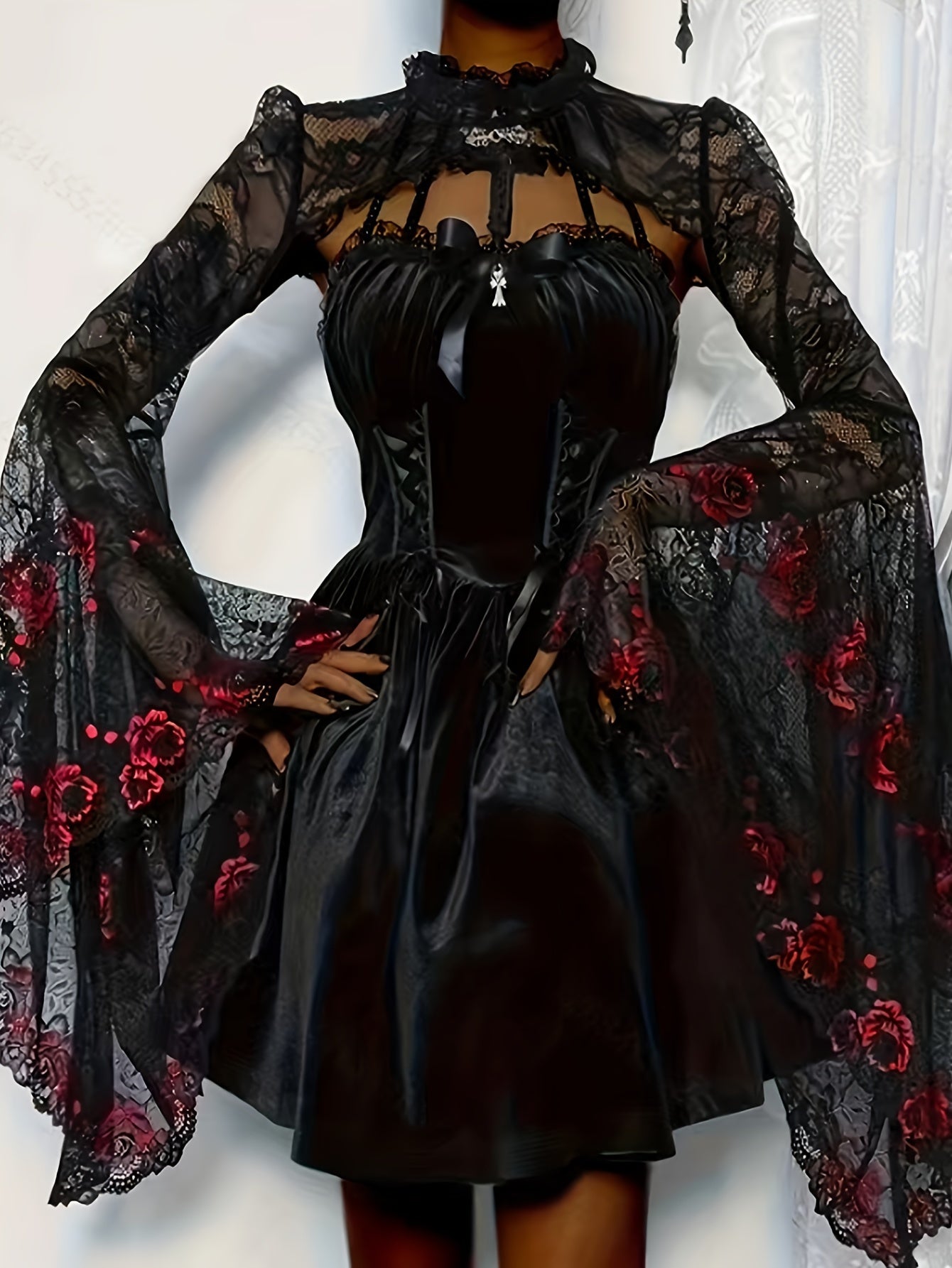 Gothic Lace Shawl Top for Women - High Neck Long Sleeve Semi-Sheer Blouse with Red Rose & Black Guipure Lace Trim