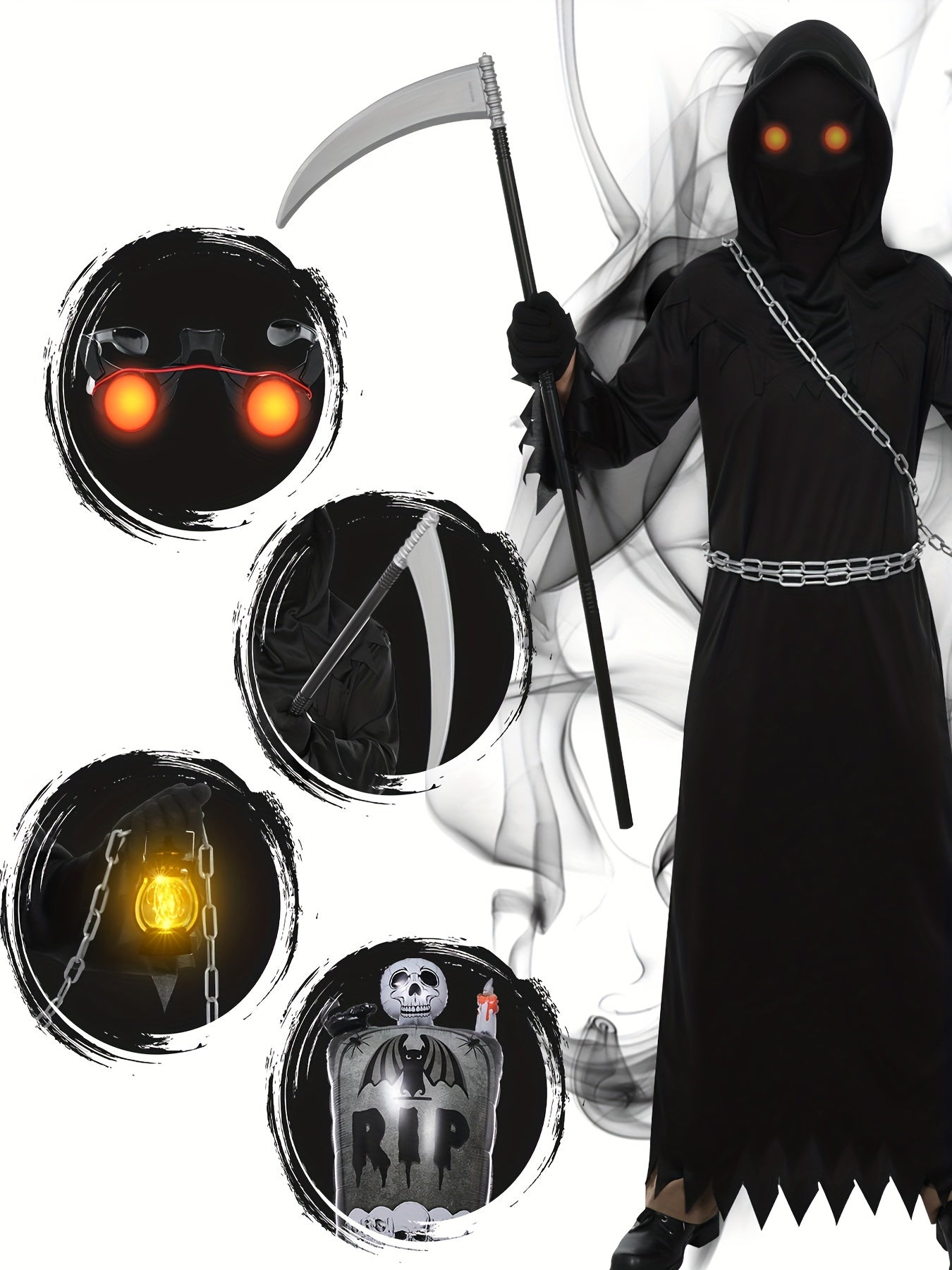 Death Reaper Jumpsuit Set, Phantom Halloween Costume, Horror Demon Ghost Costume, Stage Performance Black Jumpsuit, Black Headgear, Carnival.