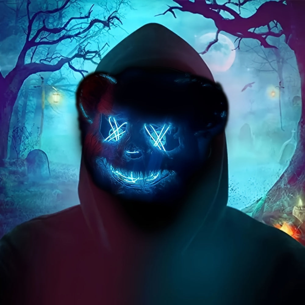 Person wearing a glowing blue mask with a dark, eerie forest background