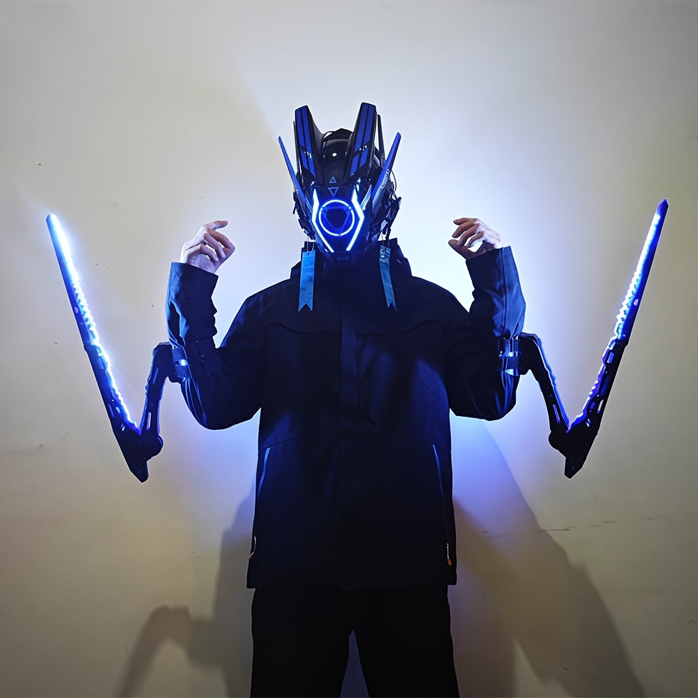 Person wearing a futuristic helmet and armusters with glowing blue lights against a plain background