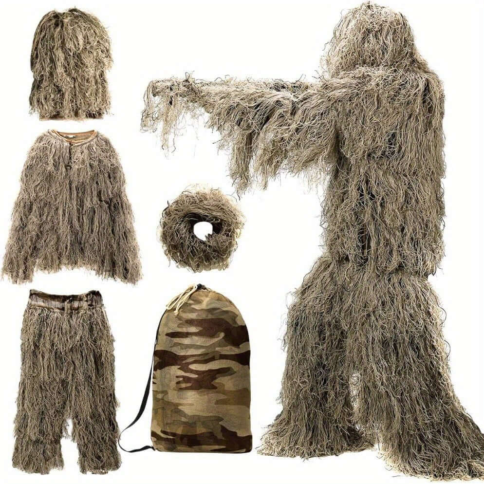 Ghillie suit set with various components on a white background