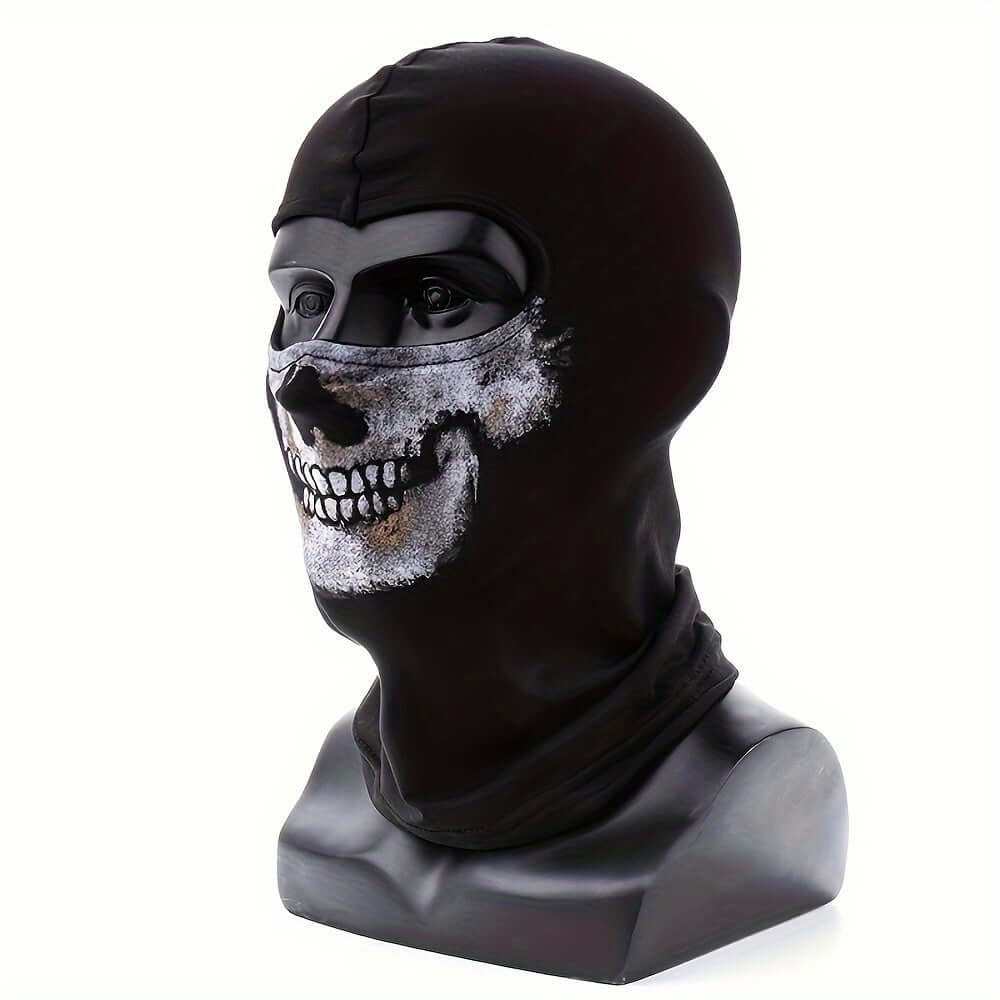 Ghostly Halloween Costume featuring a black mask with a skull design for spooky festivities.