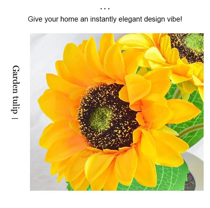 Yellow sunflower with green leaves on a white background, text 'Give your home an instantly elegant design vibe!' and 'Garden tulip' on the left.