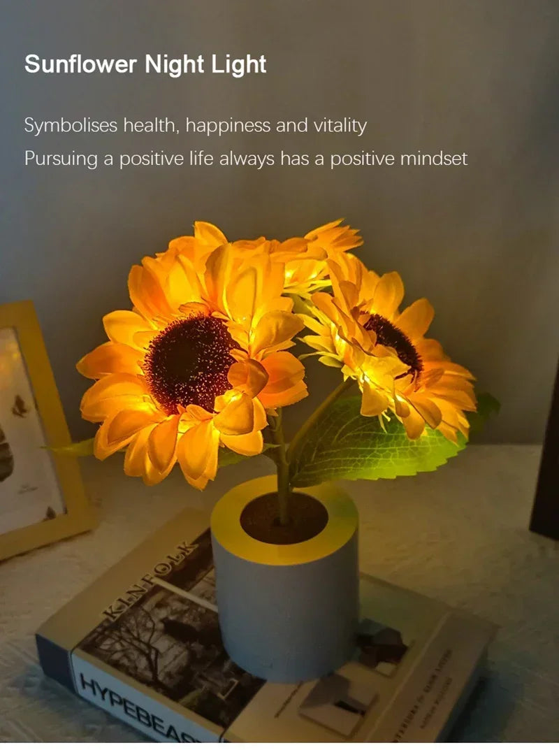Sunflower night light on a surface with text about its symbolism.