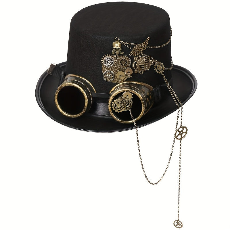 Heavy Metal Chain Teeth Skull Steampunk Hat Goggles Removable Halloween Dress for Men and Women Role Play, Steampunk Fashion