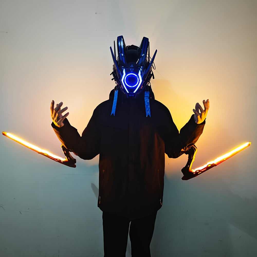 Person wearing a futuristic mask with glowing blue eyes and holding glowing orange lightsabers against a gradient background.