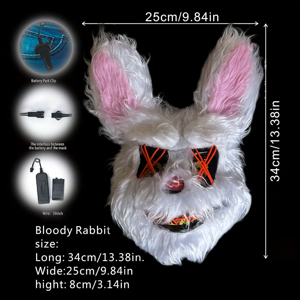White rabbit mask with pink inner ears, dimensions, and battery pack clip on a black background