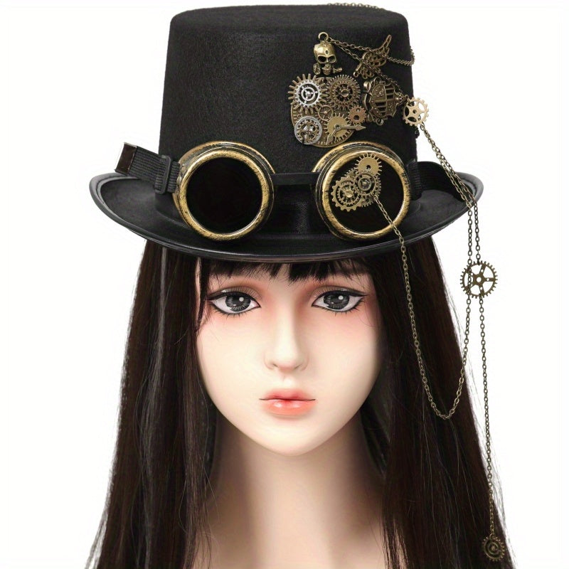 Heavy Metal Chain Teeth Skull Steampunk Hat Goggles Removable Halloween Dress for Men and Women Role Play