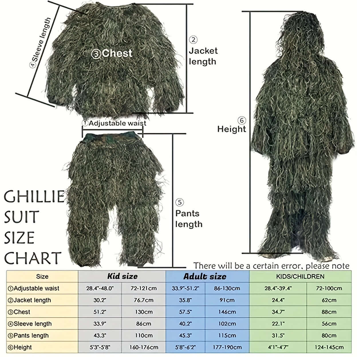 Ghillie suit size chart with measurements and dimensions