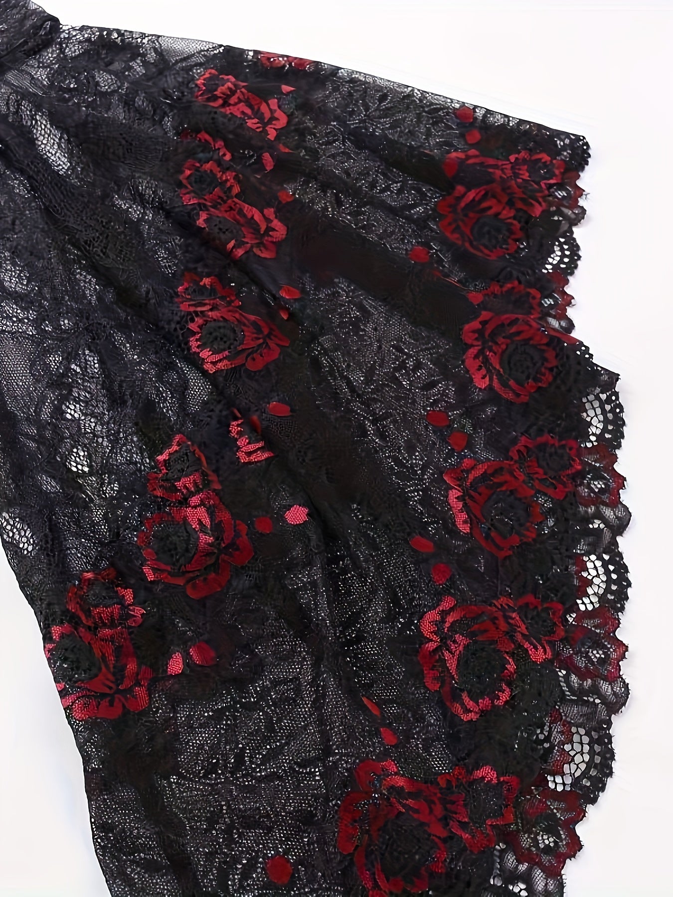 Gothic Lace Shawl Top for Women - High Neck Long Sleeve Semi-Sheer Blouse with Red Rose & Black Guipure Lace Trim.