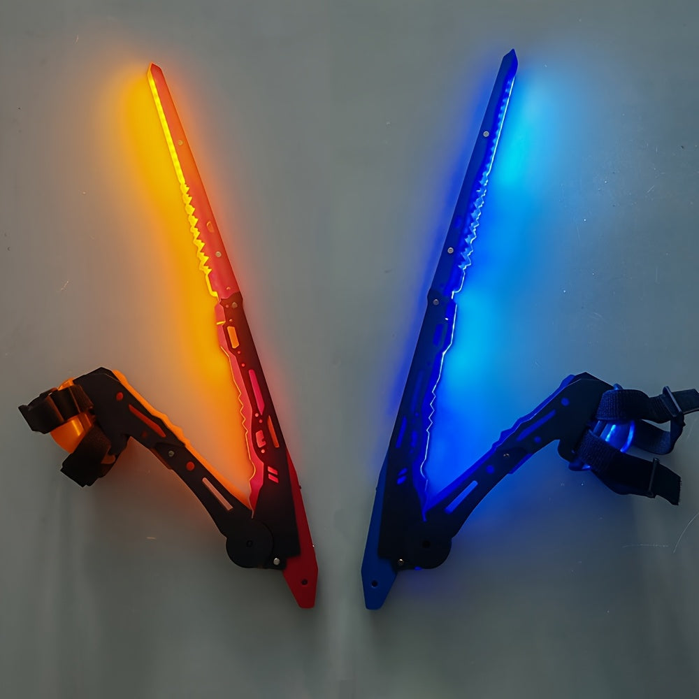Two glowing tools, one red and one blue, on a white background