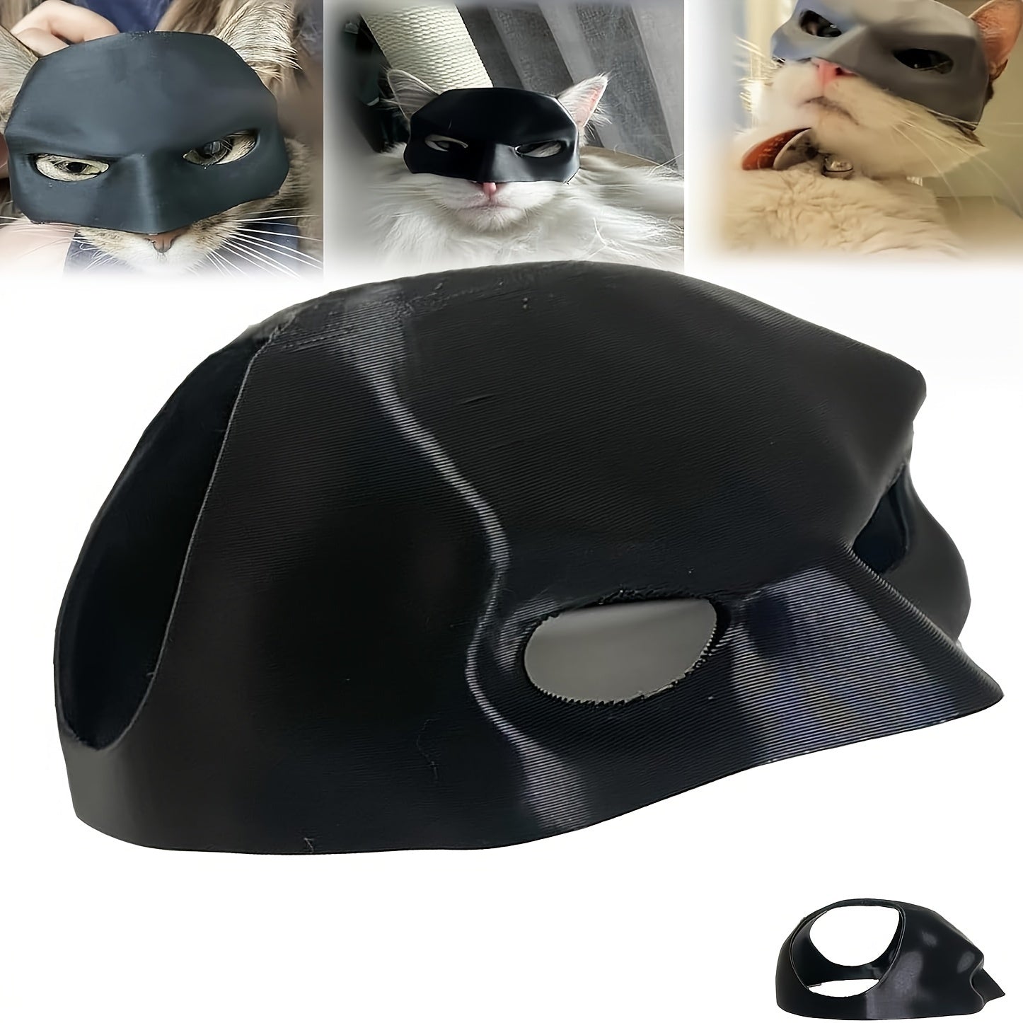 Black pet mask with cutout eyes and nose, shown on a white background.