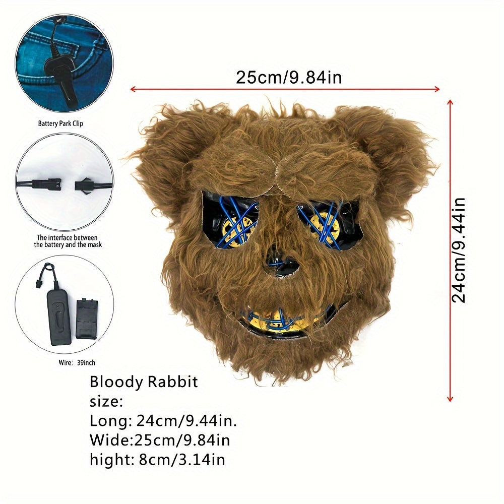 Brown furry mask with blue LED lights, measurements, and battery pack clip details on a white background.