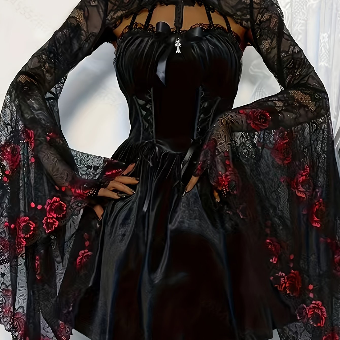 Gothic Lace Shawl Top for Women - High Neck Long Sleeve Semi-Sheer Blouse with Red Rose & Black Guipure Lace Trim